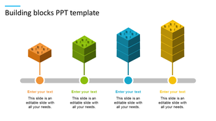 Four stacks of colorful building blocks arranged along a horizontal timeline with caption area below.