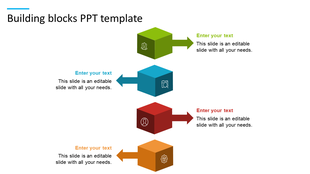 Building blocks slide with green, blue, red, and orange 3D cubes and arrows pointing to text placeholders.