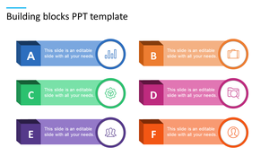 Color-coded building blocks template with icons for analytics, business, teamwork and each with a caption areas.