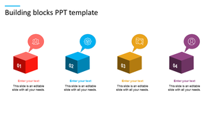 Building blocks PowerPoint template with four colorful cubes labeled 01, 02, 03, and 04, each with a corresponding icon.