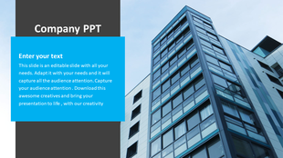 Company PowerPoint template featuring a modern building image with placeholder text sections on a blue theme.