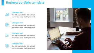 Portfolio slide with four text sections with icons, and an image of a man using a laptop on the right, with blue accents.