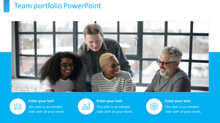 Team portfolio slide with a group photo of four people and three blue text sections with circular icons at the bottom.