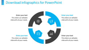 Slide with a circular infographic, featuring alternating blue and black segments, and four icons representing concepts.