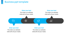 Business PowerPoint template with four sections, each containing a colorful icon and placeholder text.