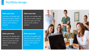 Creative portfolio design template with four text sections, next to a photo of a team gathered engaged in conversation.
