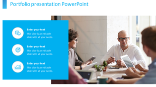 Portfolio PPT slide featuring three sections with icons for money, target, and data chart, next to a business meeting image.