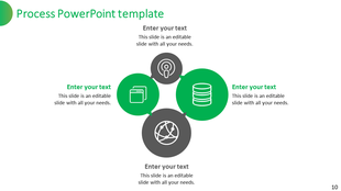Process PowerPoint template with four circles each represented by grey and green icons with placeholder text.