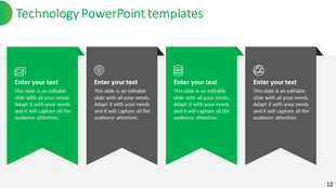 Technology slide with four banners with icons email, database, network, and a placeholder, each containing sections.