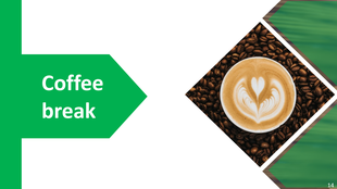 Coffee-themed slide featuring a latte art image with a background of cofffee beans and a green arrow with text.