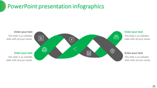 Twisting green and gray ribbon infographic featuring icons, with text sections on both sides for detailed information.