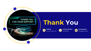 Thank you sign in a rounded blue frame, with contact details such as address, phone number, and email below the large. 