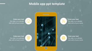 Mobile app template with a yellow smartphone in the center, network-themed screen, and four circular icons around it. 