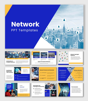 The Network PPT Template blue yellow layout with city network icons, charts, text boxes and geometric shapes.