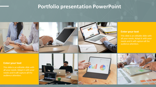Portfolio slide with a six image collage of work scenes, two yellow text boxes for content, and a blue network background. 