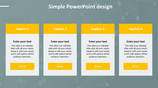 Simple design slide with four vertical white cards, yellow headers labeled Caption 1-4, text placeholders, and buttons.