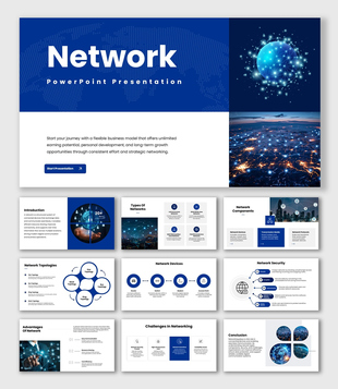 Network slides with blue theme, globe visuals, icons, charts, diagrams, and structured text sections.