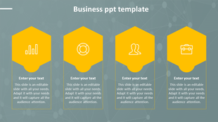 Business slide with four yellow hexagonal icons, each linked to a text box below, on a blue network themed background. 