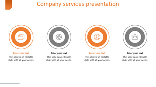 Company services slide with four icons in orange and gray, each followed by text placeholders on a white background.