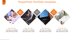 Portfolio slide with four diamond shaped images, featuring orange and gray icons, and text placeholders below.