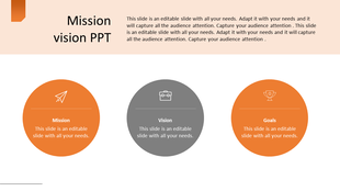 Slide with icons representing mission, vision, and goals in two orange and gray circles with icons and placeholder text.