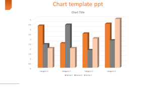 3D bar chart template with three colored series, labeled categories on the x-axis, and a title placeholder text areas. 