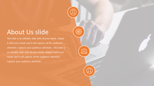 About us slide with an orange overlay, featuring text, and four circular icons, on a blurred laptop image.
