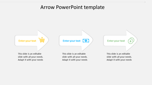 Arrow PPT template with three arrows, each labeled with icons for shopping, currency, and Bitcoin with placeholder text.