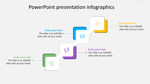 Infographic PowerPoint slide with colorful boxes, each featuring social media icons and placeholder text.