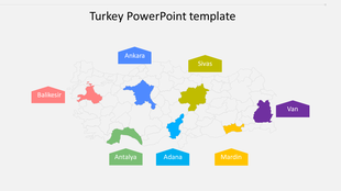 Turkey map PowerPoint template featuring regions like Balikesir, Ankara, Van, and Mardin, with colorful labels for each city.