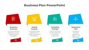 Slide with four tilted banners in red, yellow, teal, and blue, each containing an icon and business related text.