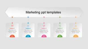 Marketing slide with five rectangular blocks in red, blue, pink, green, and orange, each featuring an icon and number.