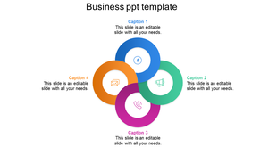 Slide featuring four overlapping blue, green, orange, and purple circles, each paired with a caption and icon.