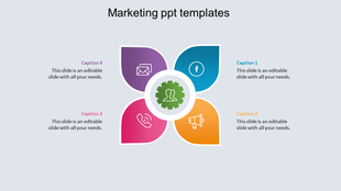 Marketing slide four segmented flower layout in purple, blue, orange, and pink, each with icons and captions.