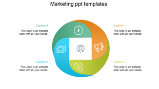 Marketing template with a  four section diagram in orange, green, and blue, featuring icons and a central user symbol. 