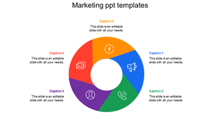 Colorful marketing PowerPoint template with five circular sections with icons and captions on a white backdrop.