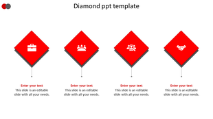 Slide with four red diamond shaped icons featuring business symbols, aligned horizontally on a white background.