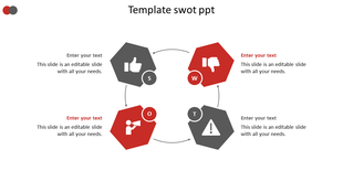 Hexagonal SWOT diagram with thumbs up, thumbs down, megaphone, and warning icons in a circular flow.