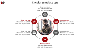 Business slide with a circular layout, featuring a image, six surrounding icons, and placeholder text around the diagram.