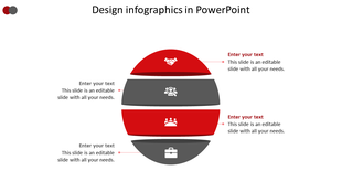 Infographic PowerPoint slide design with red and grey layered sections, each featuring icons with placeholder text.