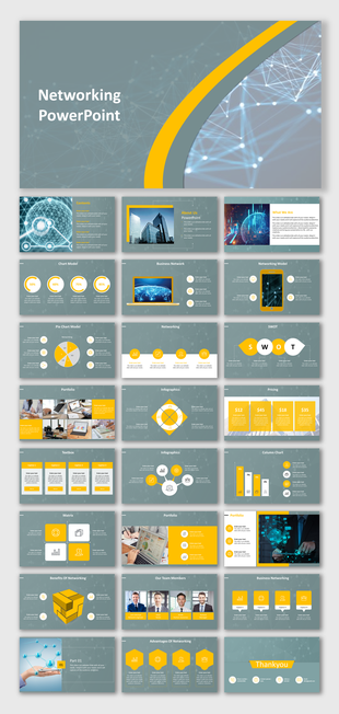 Networking slide deck with yellow and gray design, featuring business models, SWOT analysis, pricing, and infographics.