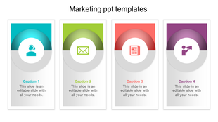 Marketing template with four cards, each containing a business icon, caption, and theme in blue, green, red, and purple. 