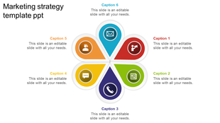 Marketing slide with six teardrop shapes in red, green, purple, yyellow, orange, and blue, arranged in a circular layout.