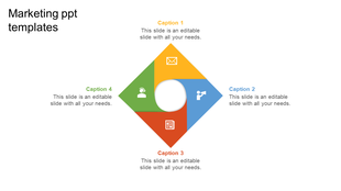Colorful marketing PPT slide featuring icons for email, customer support, media, and business strategy with captions.