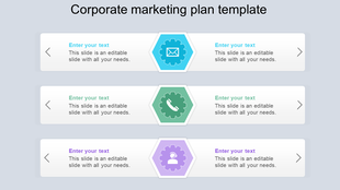Corporate marketing slide showcasing email, phone, and customer service icons in a colorful hexagonal design.
