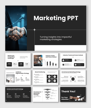 Marketing PPT with dark theme, charts, icons, and structured slides for strategy and business growth presentations