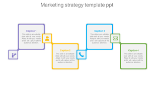 Marketing slide with four colored square icons in purple, yellow, blue, and green, arranged in a row with symbols.