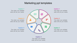 Marketing template showcasing a segmented circle divided into seven parts, each labeled with captions areas. 