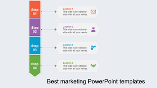 Marketing slide with a vertical step tracker in orange, purple, blue, and green, linked to hexagonal text boxes with icons. 