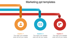 Marketing PPT template with three colored icons for customer service, email marketing, and advertising with captions.